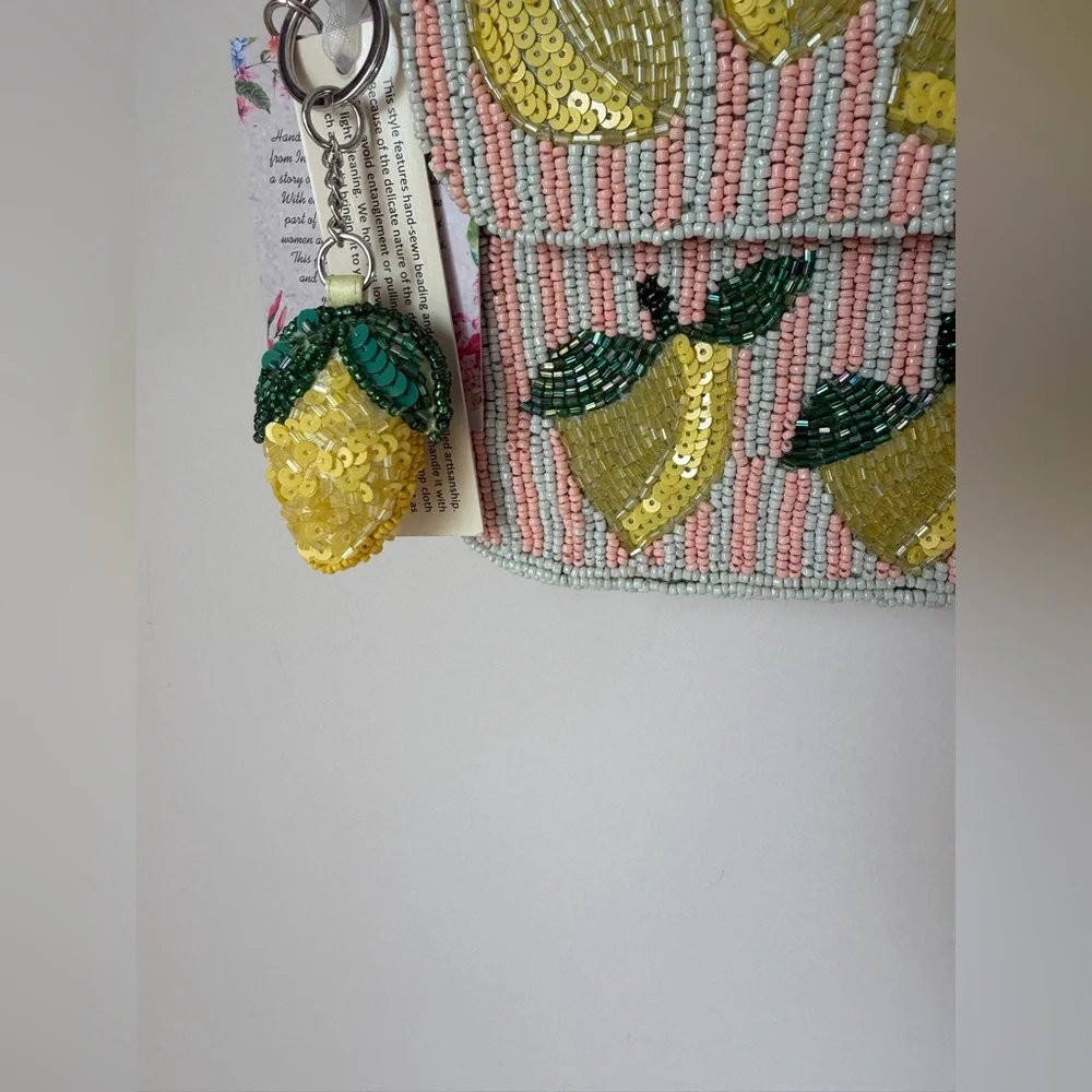 Viral beaded lemon pink white striped Shoulder Bag with beaded lemon charm - Picture 4 of 5